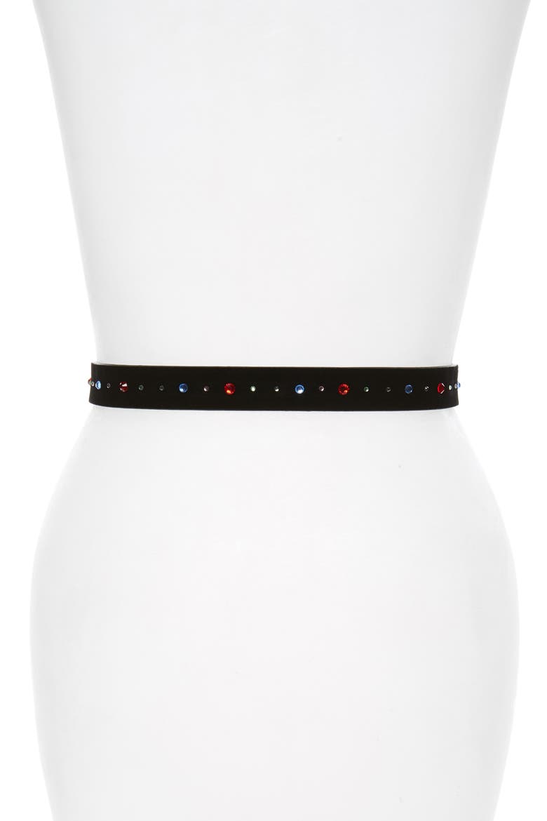 Millie Crystal Embellished Suede Belt, Alternate, color, BLACK