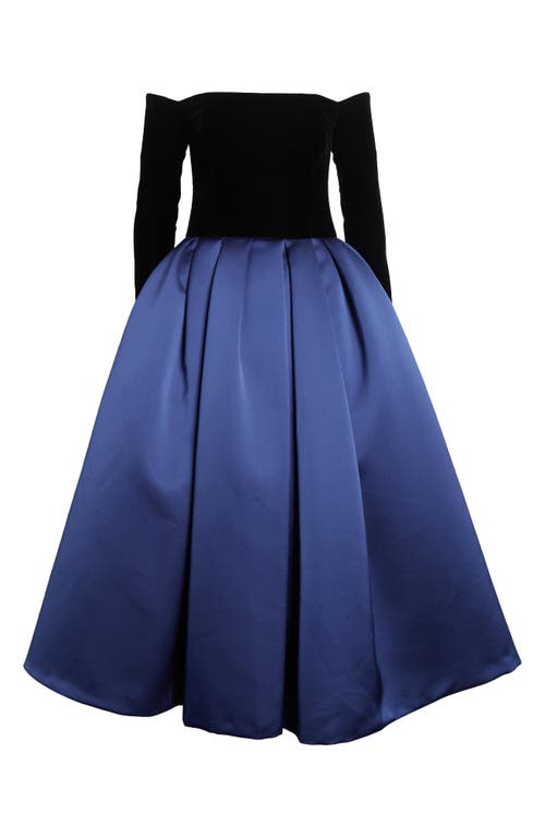 Carolina Herrera Off The Shoulder Long Sleeve Mixed Media Cocktail Dress In Blue