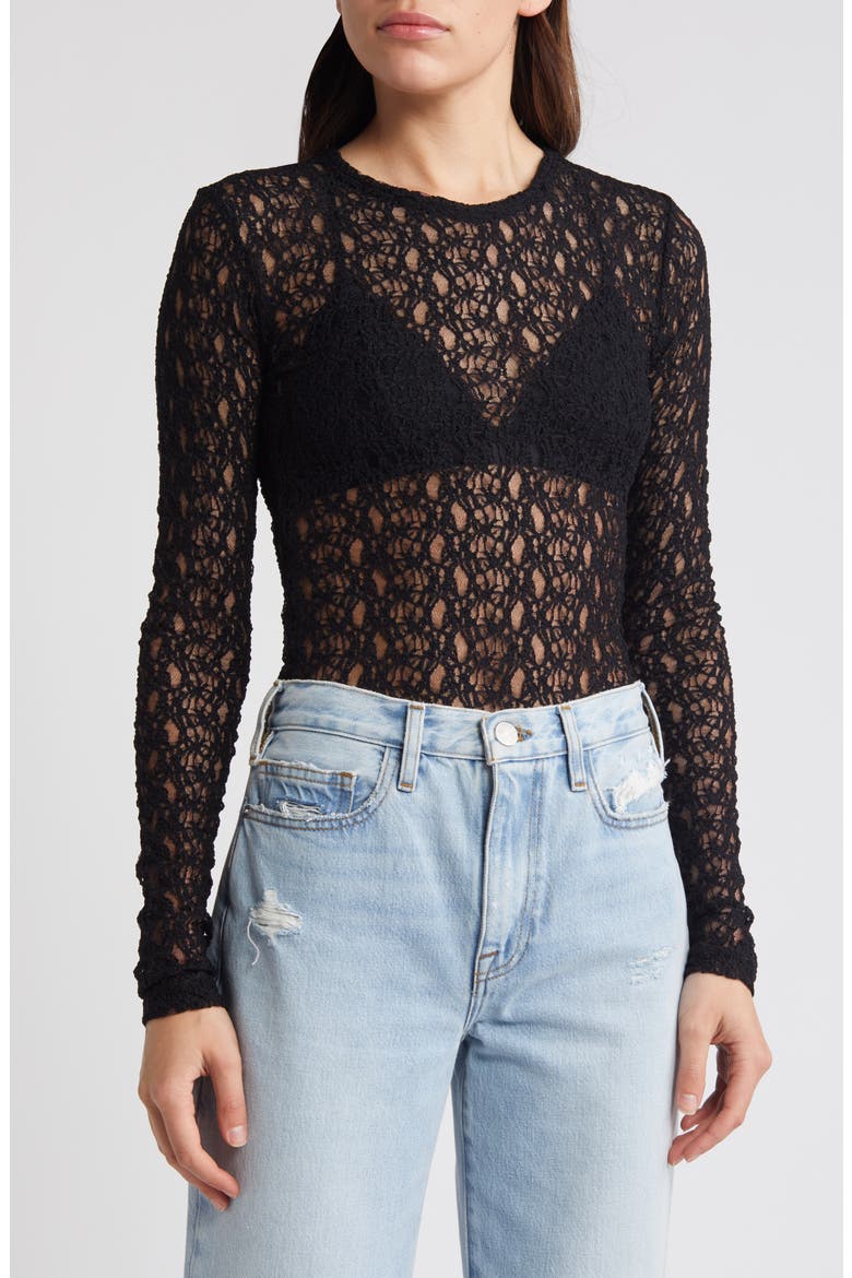 Sheer Stretch Lace Top, Main, color, BLACK