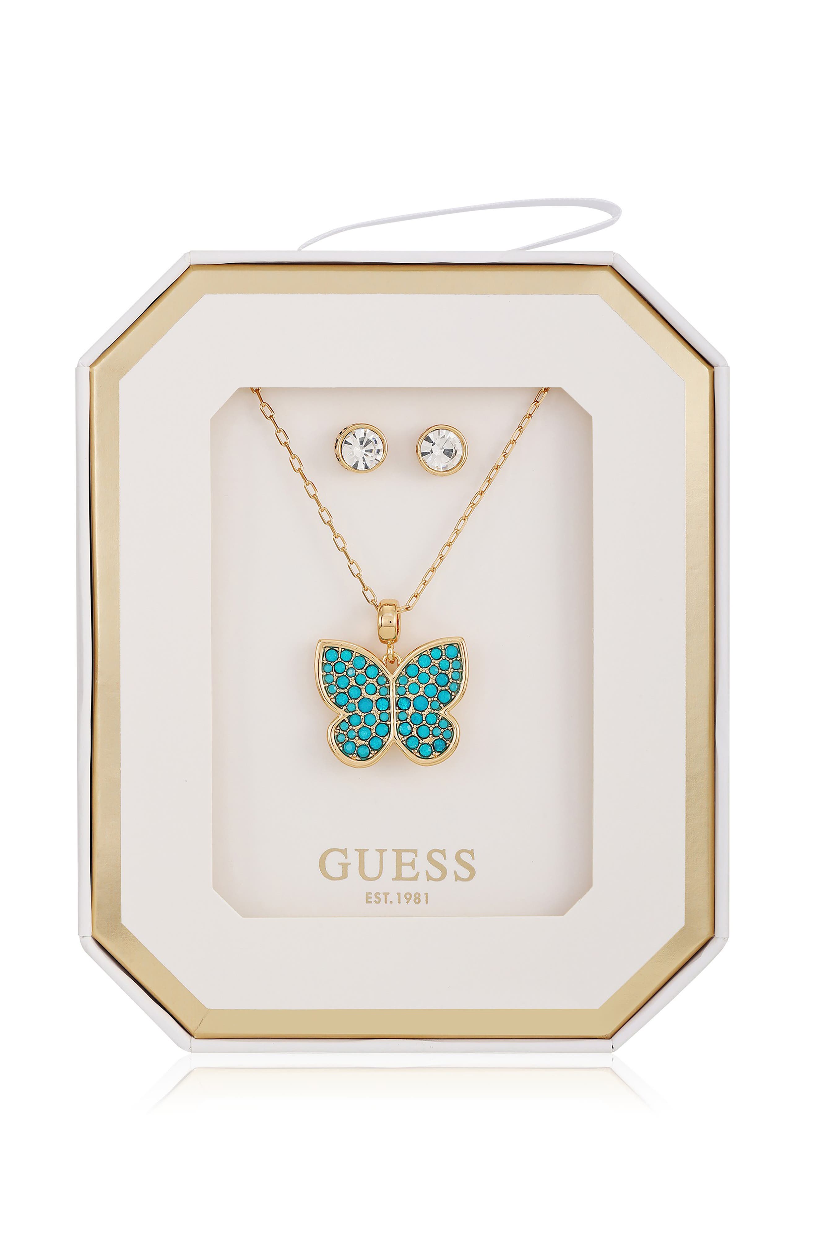 GUESS Butterfly Pendant Necklace & Stud Earrings Set