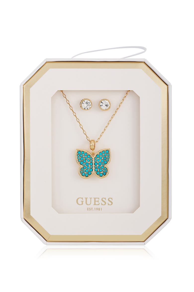 Butterfly Pendant Necklace & Stud Earrings Set, Main, color, GOLD/BLUE