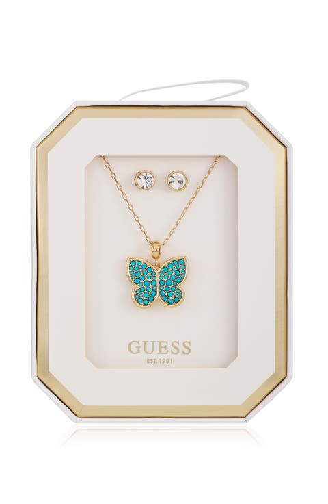 Butterfly Pendant Necklace & Stud Earrings Set