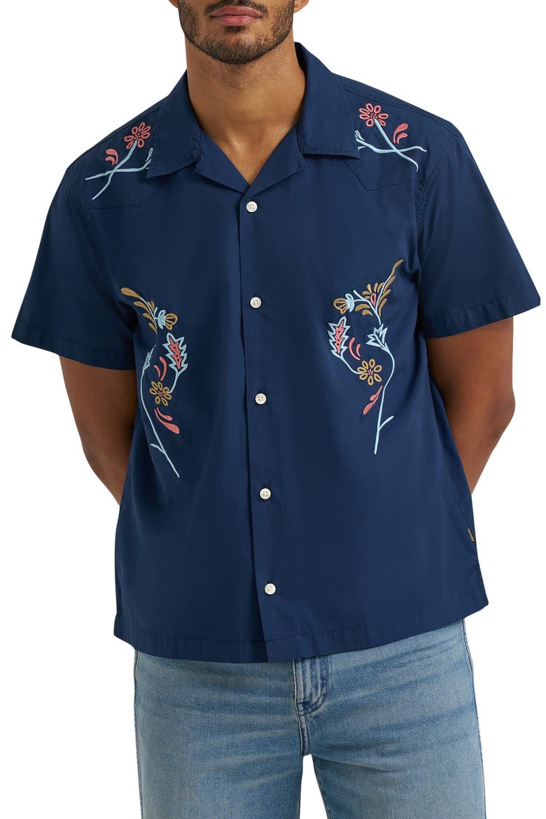Embroidered Camp Shirt, Main, color, NAVY FLORAL