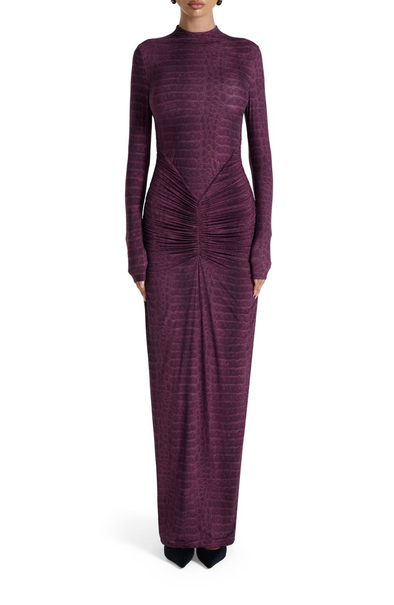 Naked Wardrobe Snakeskin Print Long Sleeve Ruched Dress, Main, color, Dark Plum Crocodile