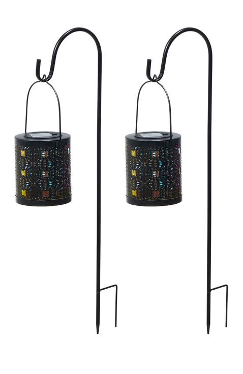 Set of 2 Metal Cutout Pattern Solar Powered Lantern with LED Light
