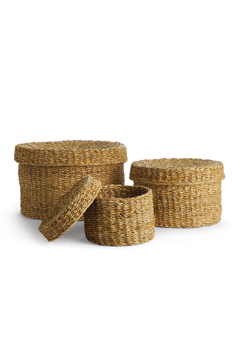 Seagrass Round Lidded Baskets Set of 3, Main, color, Brown