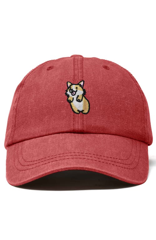 Dalix Leaping Corgi Embroidered Cap In Washed Red