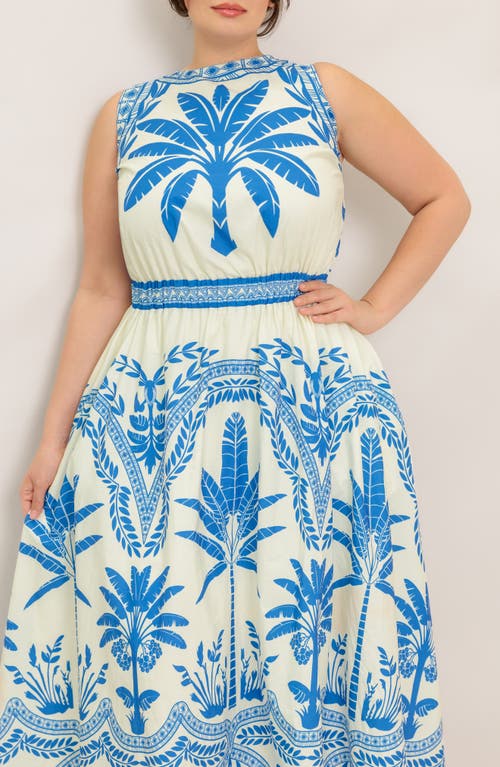 Flying Tomato Palm Print Cotton Midi Dress In Blue