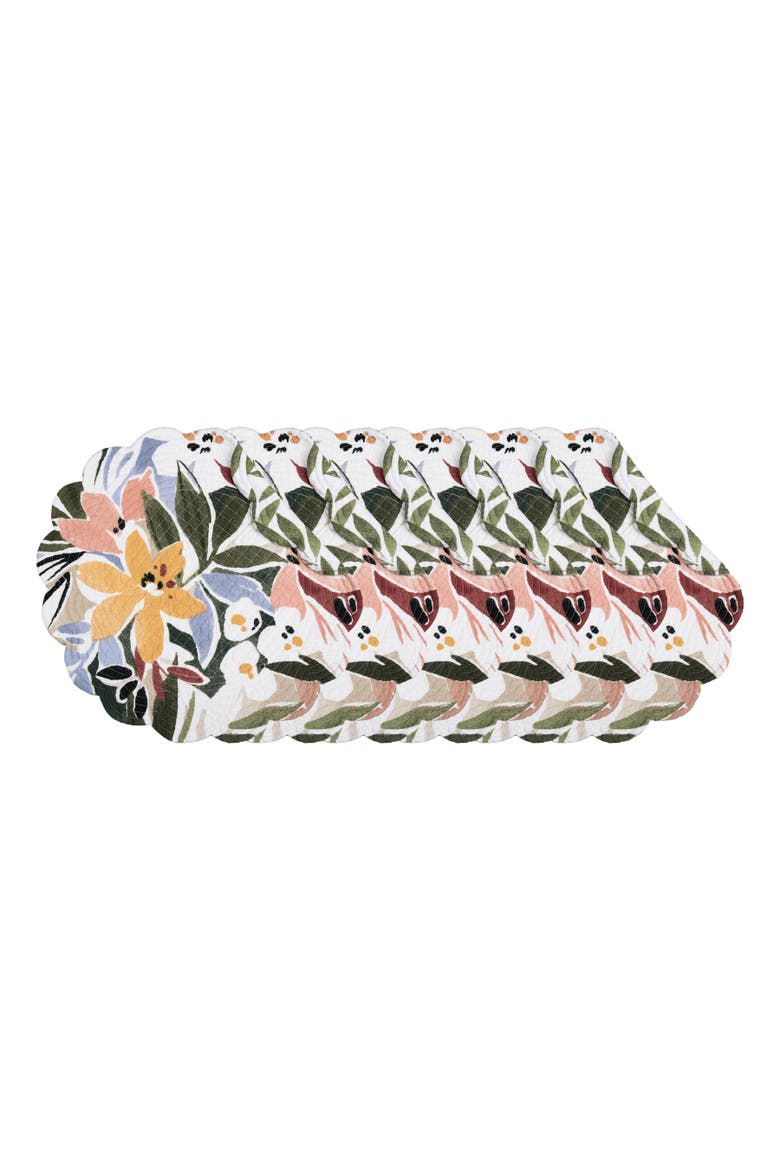 Joelle Palm Leaves & Flowers 100% Cotton Round Set of 6 Placemats 17", Main, color, Green