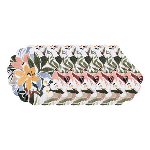 Joelle Floral Flowers Palm Leaf Vibrant Scalloped Round Placemats Set of 6, 17"