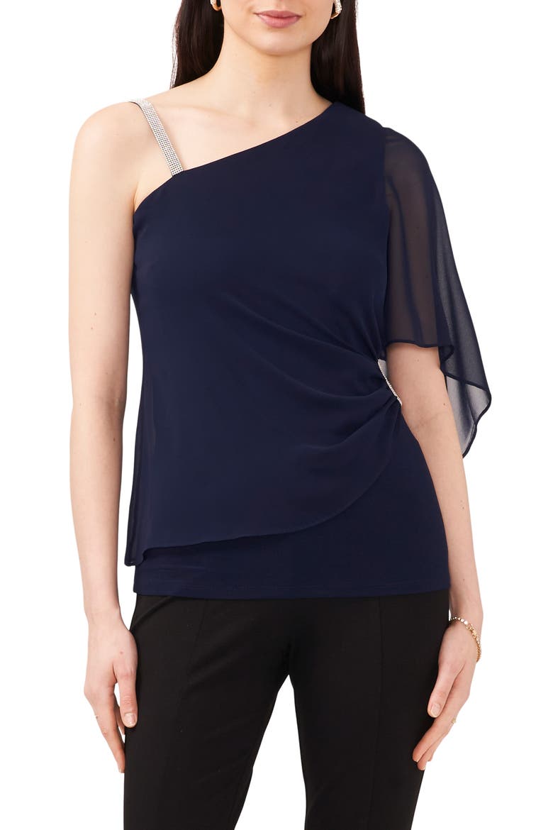 Rhinestone Strap Overlay One-Shoulder Top, Main, color, NAVY