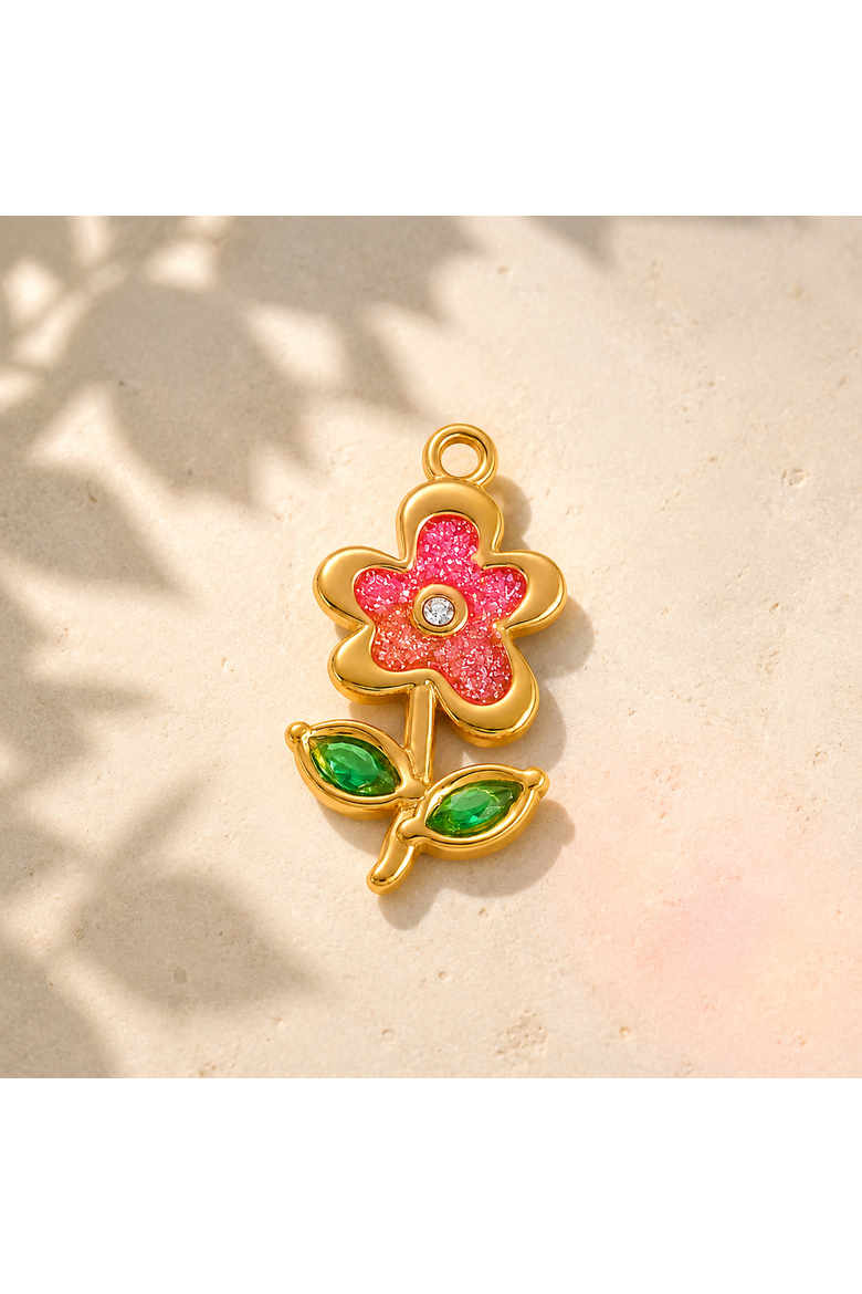 18K Yellow Gold Plated Pink Flower Charm, Alternate, color, Pink/Green/Gold