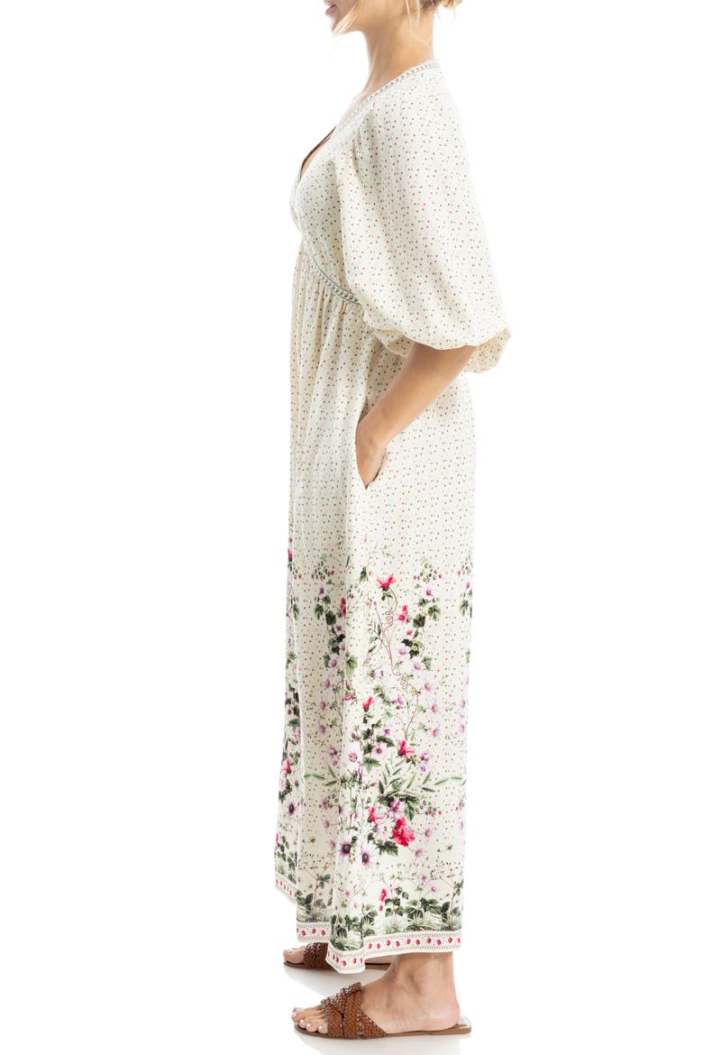 Puff Sleeve Plunge Neck Midi Dress, Alternate, color, CREAM/ PINK WILD MEADOWS