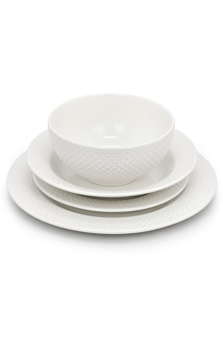 Elama Kim 16 Piece Hobnail Double Bowl Porcelain Dinnerware Set, Alternate, color, White