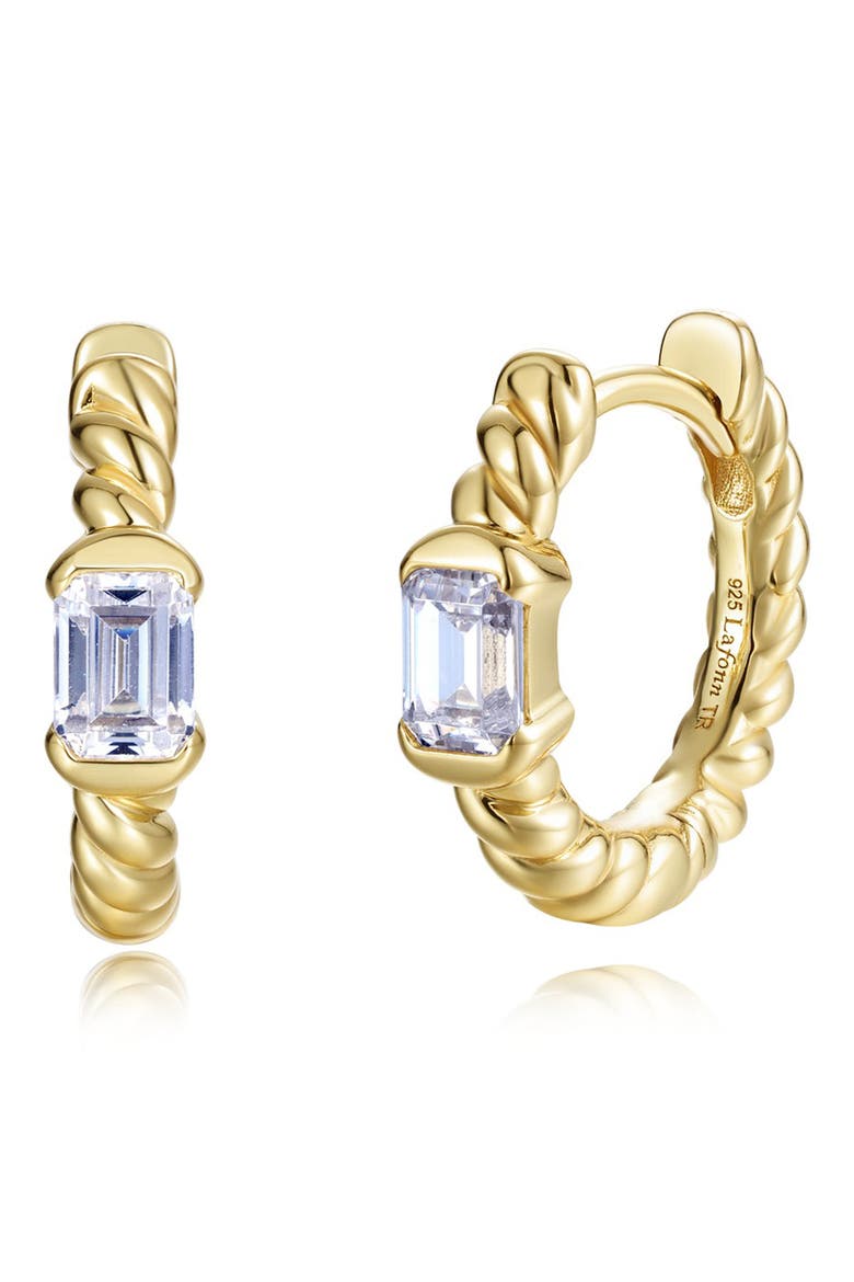 Emerald Cut Simulated Diamond Twisted Huggie Hoop Earrings, Main, color, GOLD