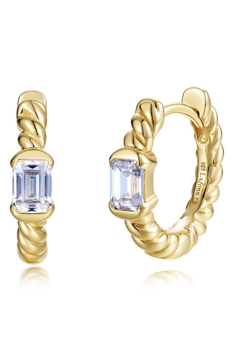 Lafonn Emerald Cut Simulated Diamond Twisted Huggie Hoop Earrings, Main, color, Gold