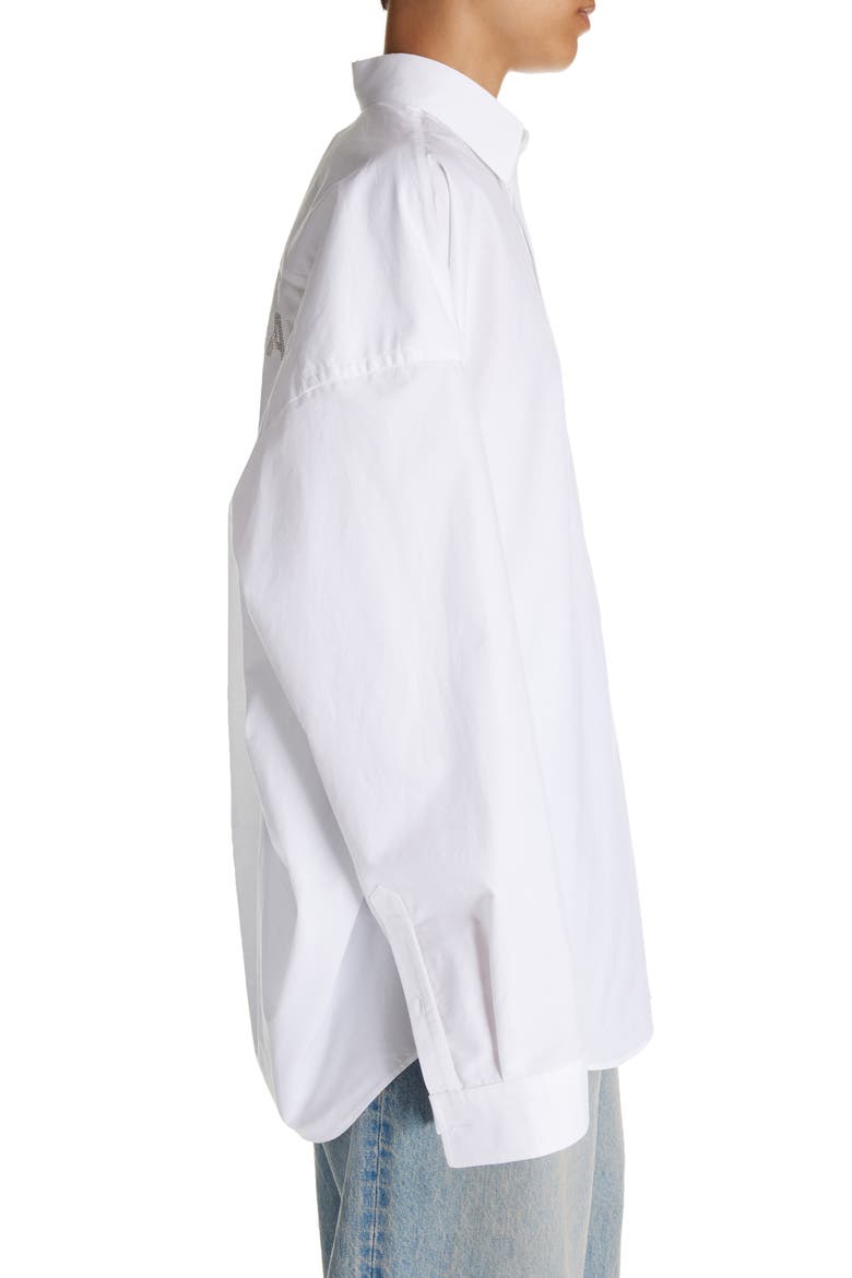 Oversize Crystal Logo Cotton Button-Up Cocoon Shirt, Alternate, color, WHITE