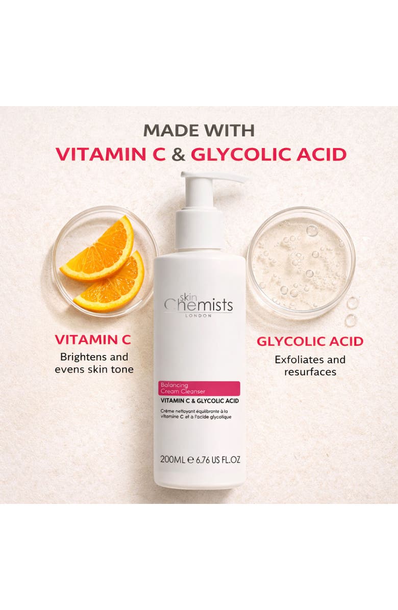 SKINCHEMISTS Balancing Vitamin C & Glycolic Acid Cream Cleanser 200ml for Acne & Blemishes, Large Pores, Alternate, color, White