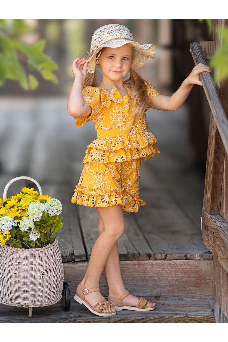 Golden Bloom Eyelet Puff Sleeve Top and Ruffle Girls Shorts Set, Alternate, color, Yellow