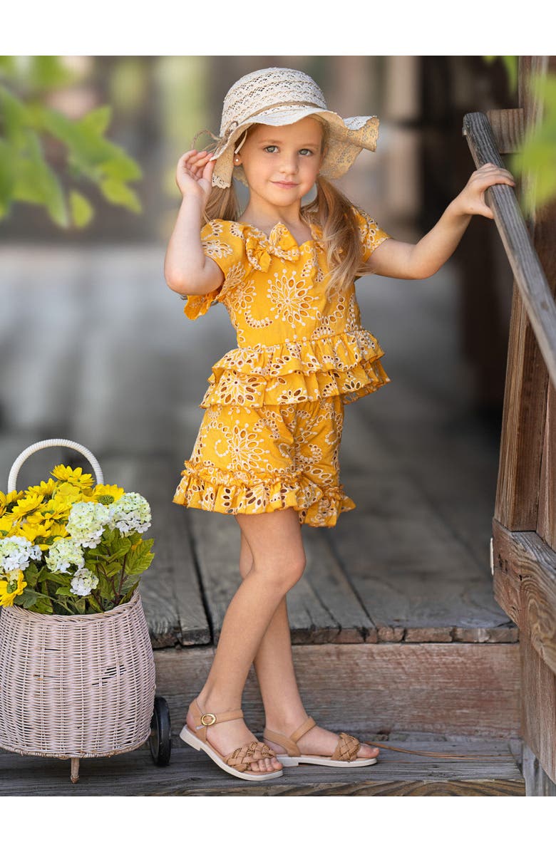 Mia Belle Girls Golden Bloom Eyelet Puff Sleeve Top and Ruffle Girls Shorts Set, Alternate, color, Yellow