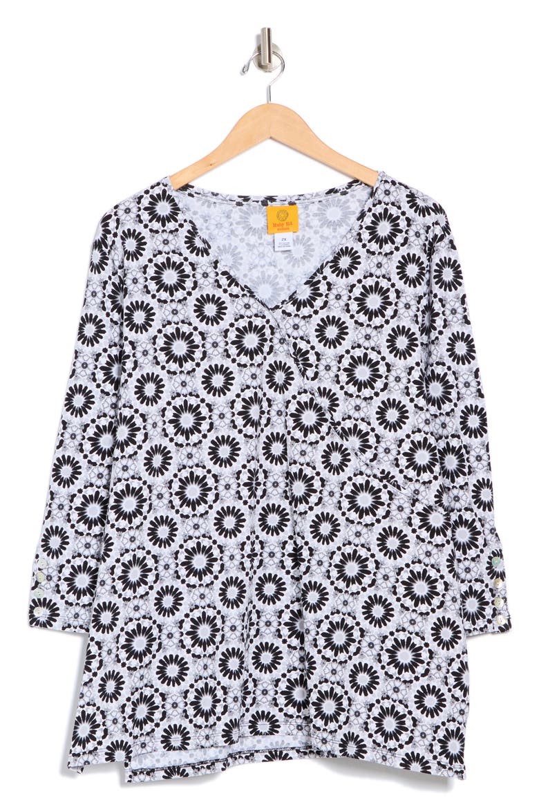 Surplice V-Neck Stretch Cotton Top, Alternate, color, BLACK MULTI