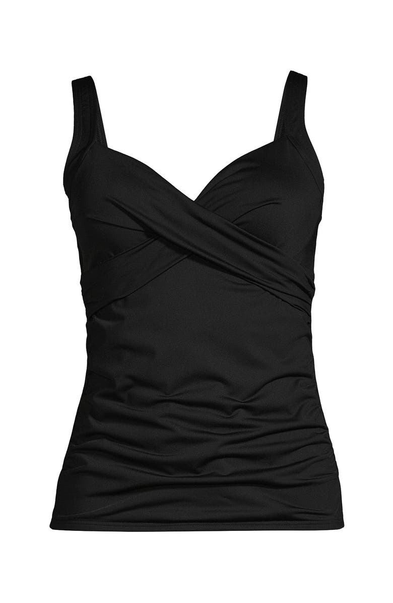 Lands' End Chlorine Resistant Tummy Control V-Neck Wrap Underwire Tankini Top Swimsuit, Alternate, color, Black