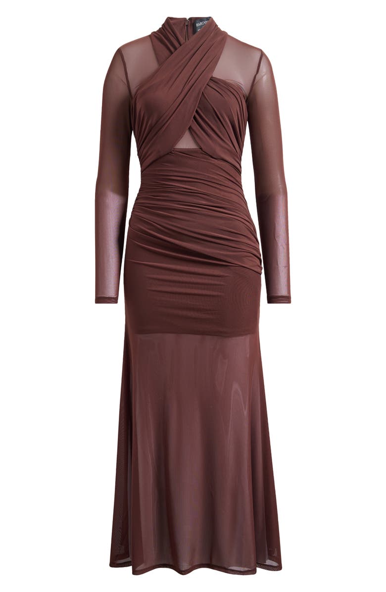 Bardot Marice Wrap Long Sleeve Mesh Maxi Dress, Alternate, color, Chocolate