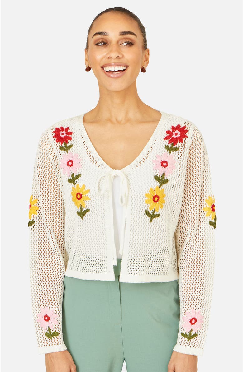 Yumi Crochet Embroidered Flower Cardigan, Alternate, color, Ivory