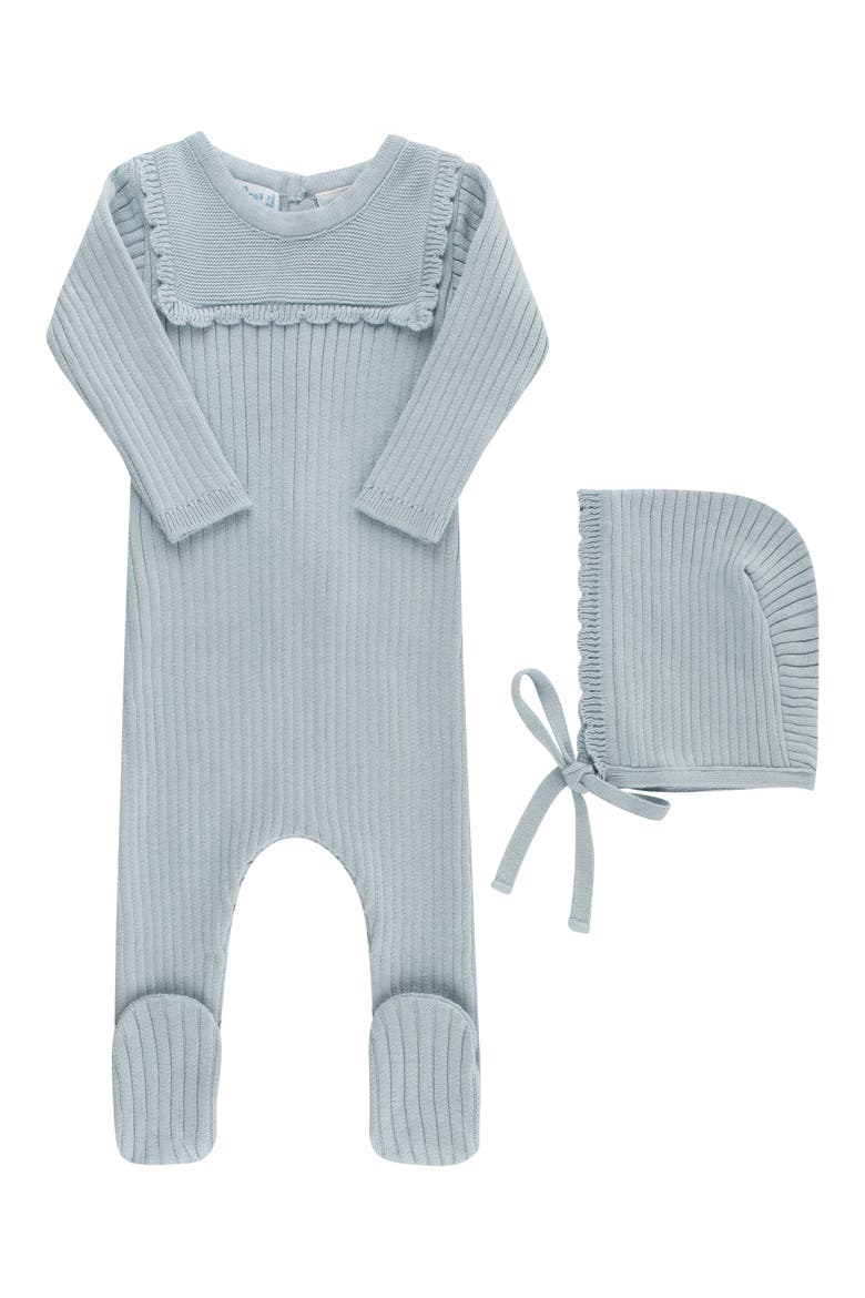 Ruffled Yoke Rib Romper & Bonnet Set, Main, color, POWDER BLUE