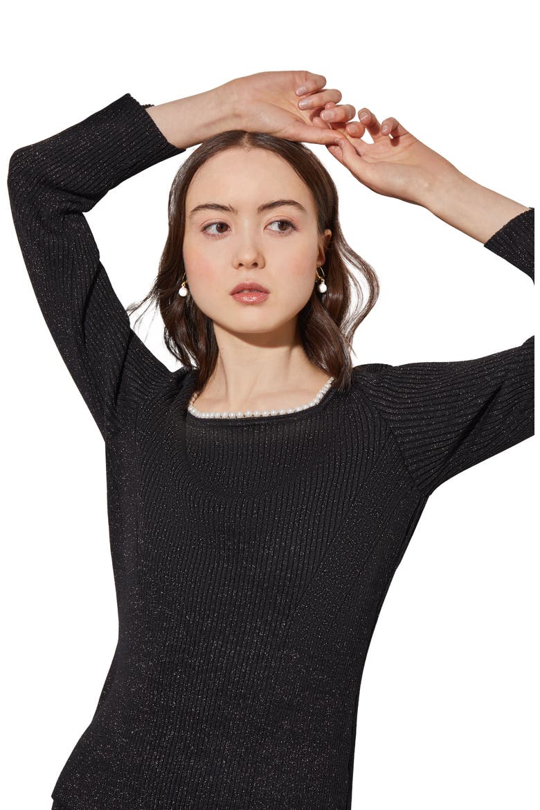 Imitation Pearl Collar Shimmer Rib Sweater, Alternate, color, BLACK/SILVER