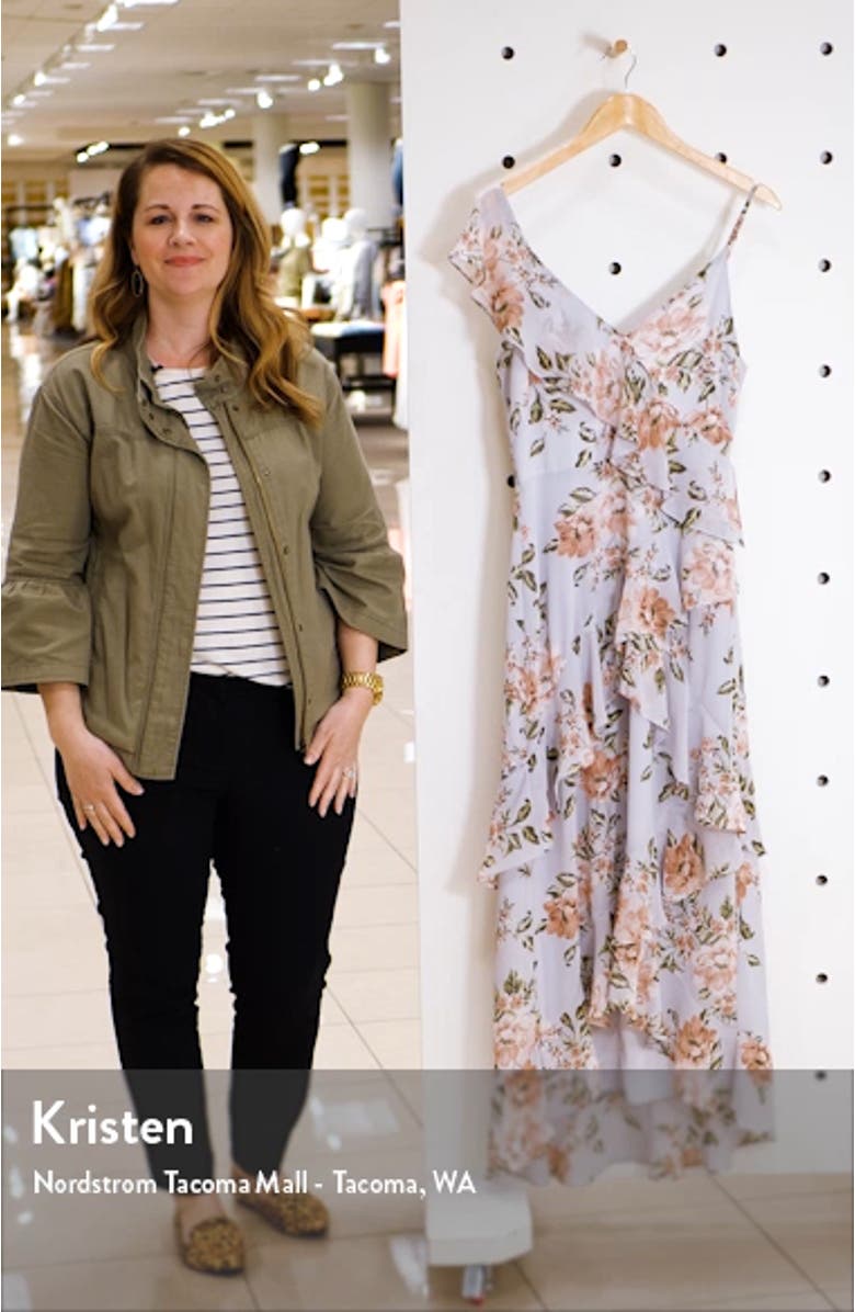 Morgana Floral Tiered Ruffle Asymmetrical Sleeve Maxi Dress, sales video thumbnail