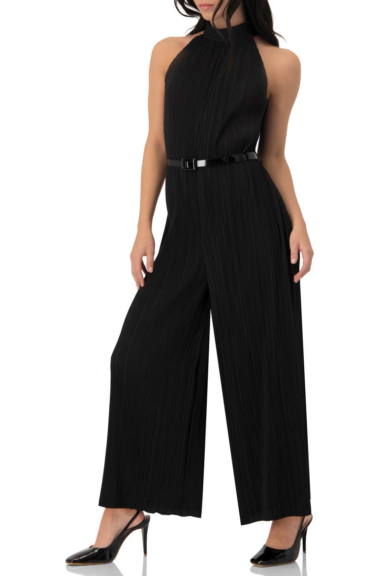 Pleated High-Neck Jumpsuit with Belt, Alternate, color, Black