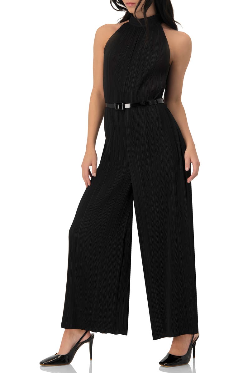 IVONNE Pleated High-Neck Jumpsuit with Belt, Alternate, color, Black