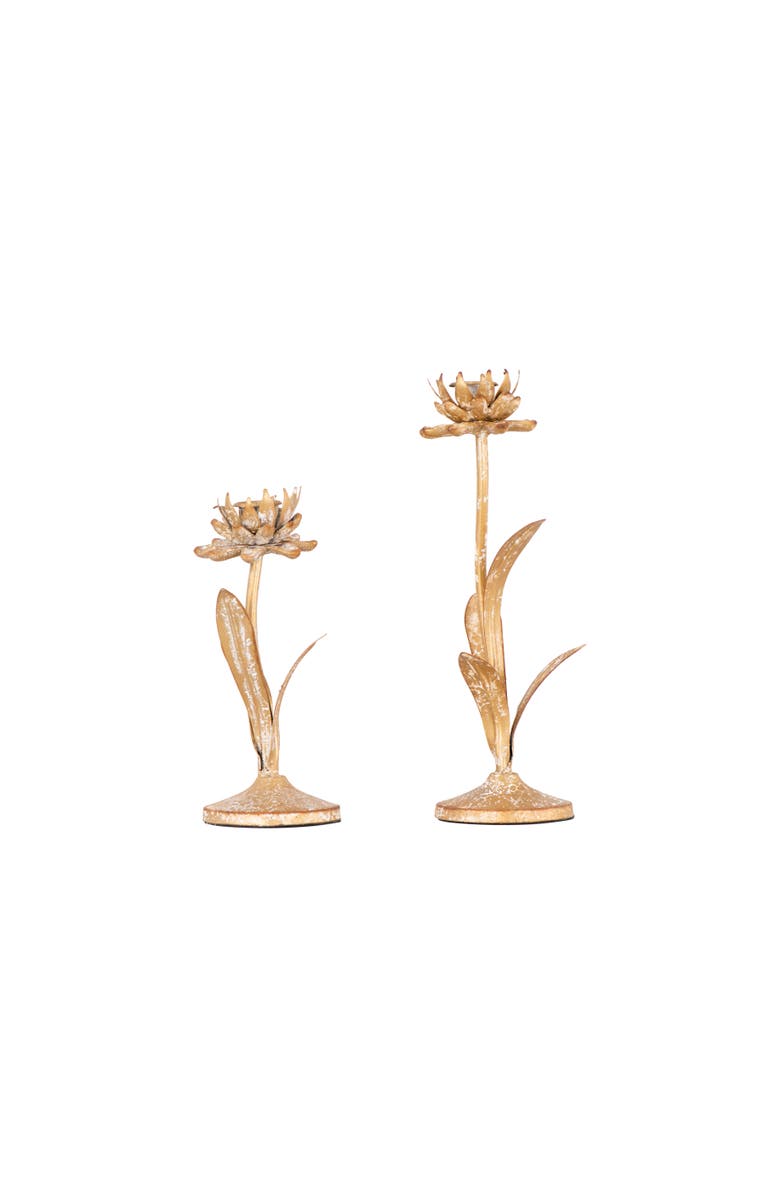 Storied Home Decorative Metal Flower Cut Shaped Taper Candleholder with Distressed Finish, White and Gold, Set of 2, Main, color, White