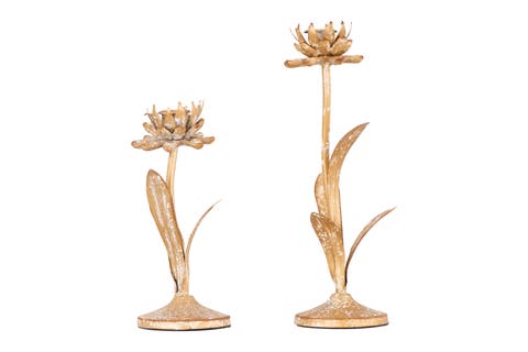 Decorative Metal Flower Cut Shaped Taper Candleholder with Distressed Finish, White and Gold, Set of 2