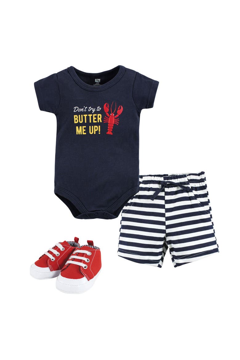 Little Gent's Soft Cotton Bodysuit, Shorts & Footwear 3Pk, Main, color, Butter Me Up Lobster