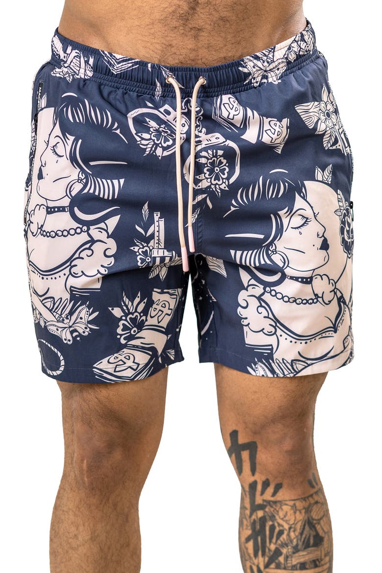 Martyr Print Swim Trunks, Main, color, BLACK