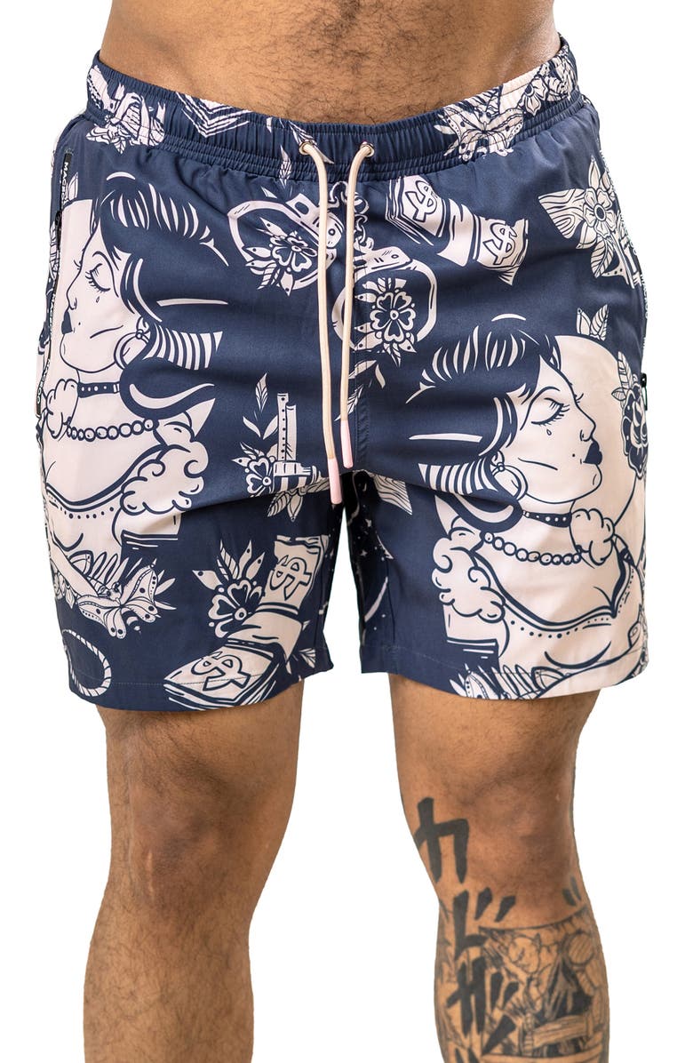 Maceoo Martyr Print Swim Trunks, Main, color, Black