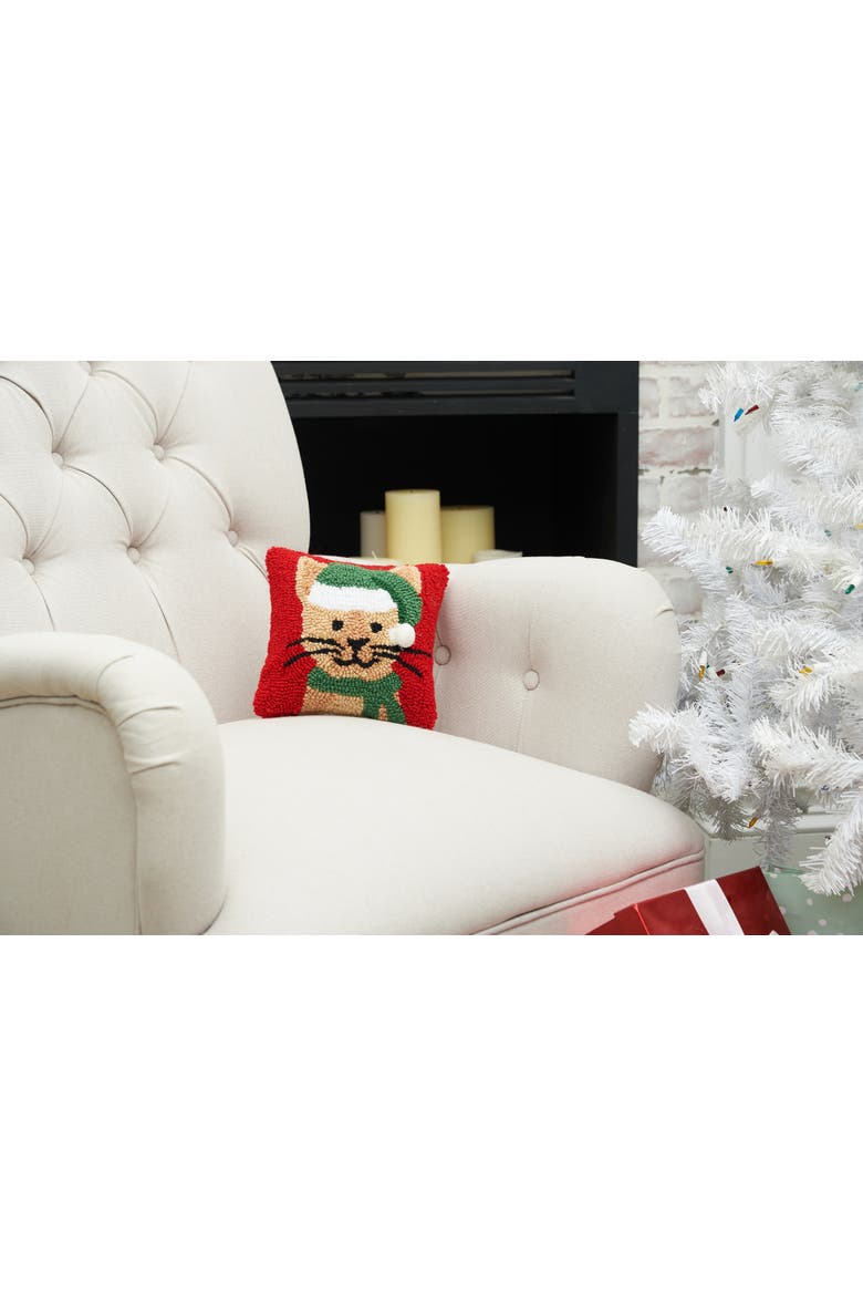 Brown Kitty Cat in Green Santa Hat Hooked Mini Christmas Accent Pillow 8" x 8", Alternate, color, Red