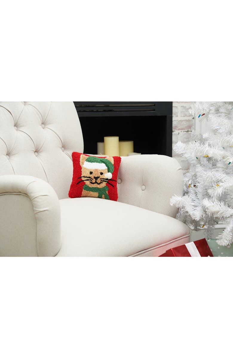 C&F Home Brown Kitty Cat in Green Santa Hat Hooked Mini Christmas Accent Pillow 8" x 8", Alternate, color, Red