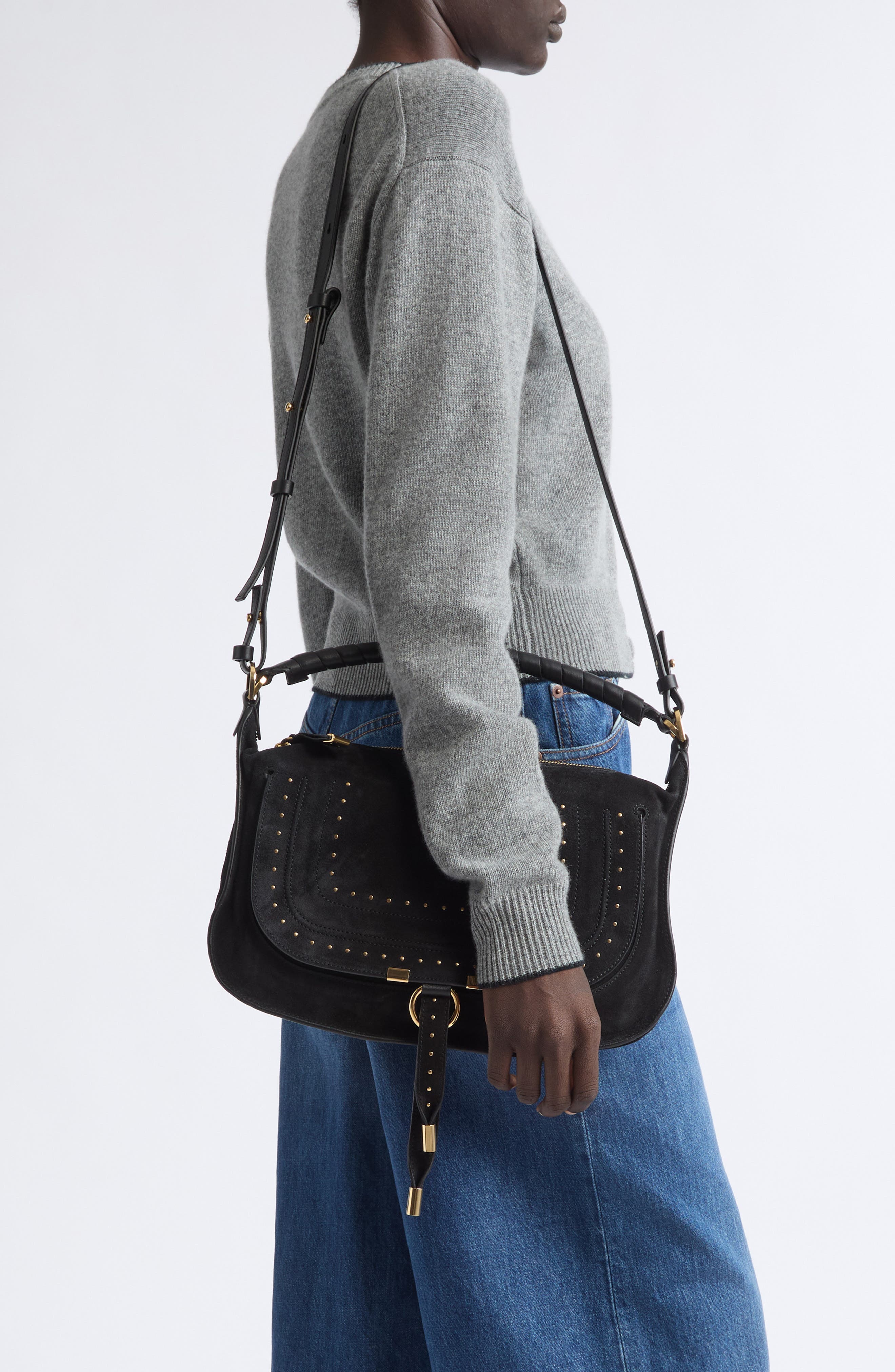 Marcie Suede Shoulder Bag, Alternate, color, BLACK