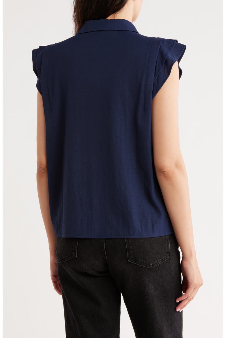 Cap Sleeve Piqué Button-Up Top, Alternate, color, NAVY