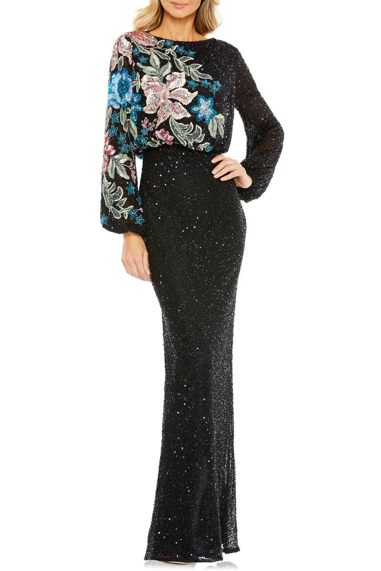 Women's High Neck Blouson Sleeve Sequin Gown, Main, color, BLACK MULTI