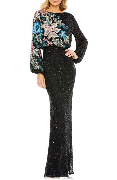 Women's High Neck Blouson Sleeve Sequin Gown
