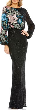 Mac Duggal Women's High Neck Blouson Sleeve Sequin Gown