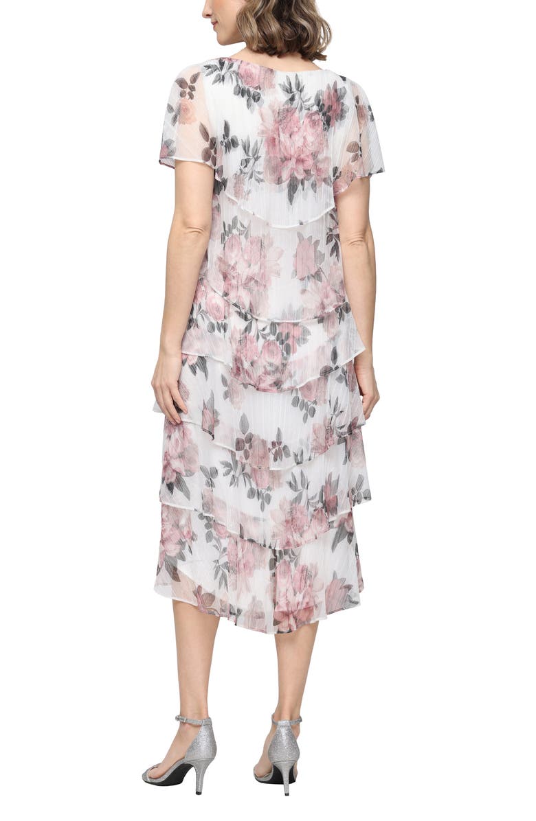 SL FASHIONS Tiered Floral Shimmer Midi Dress, Alternate, color, Ivory/ Pink