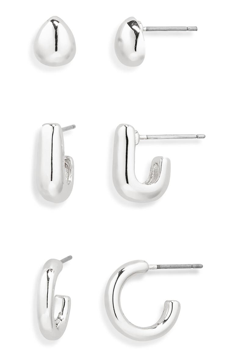 Set of Three Stud & Hoop Earrings, Main, color, SILVER