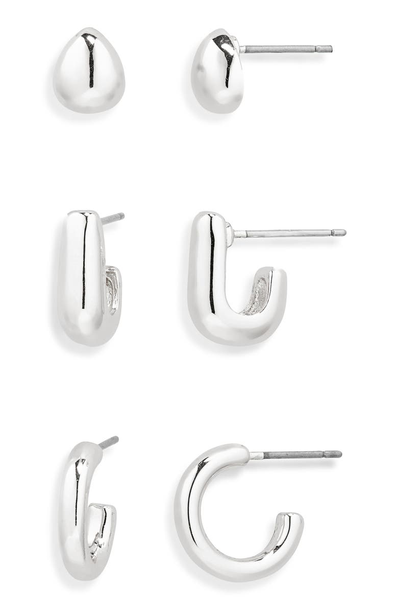 NORDSTROM RACK Set of Three Stud & Hoop Earrings, Main, color, Silver