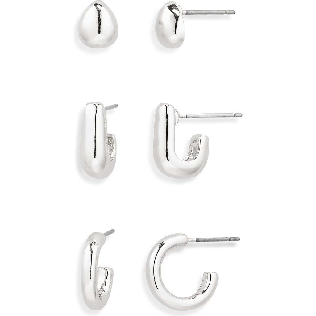 Nordstrom Rack Set Of Three Stud & Hoop Earrings In Rhodium