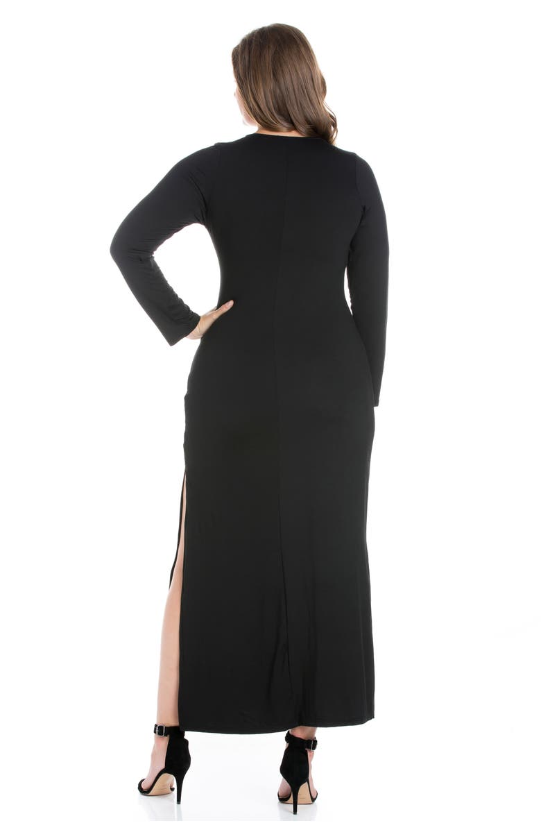 24seven Comfort Apparel Plus Size Long Sleeve Side Slit Fitted Black Maxi Dress, Alternate, color, Black